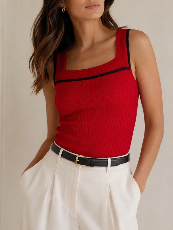 St. John Tops - St. John Sport Marie Gray Red Wool Rib Knit Tank Top L Square Neck Stretch